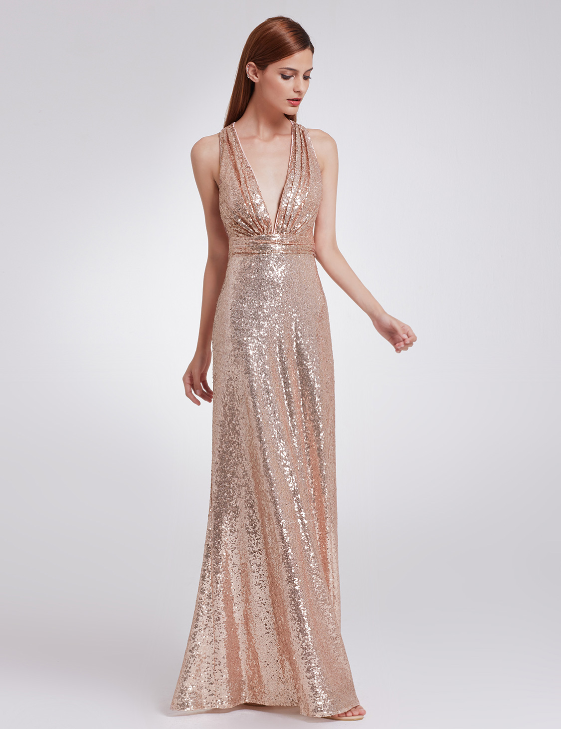US Sexy Sequins Rose Gold Celebrity Prom Gown Formal Evening Party