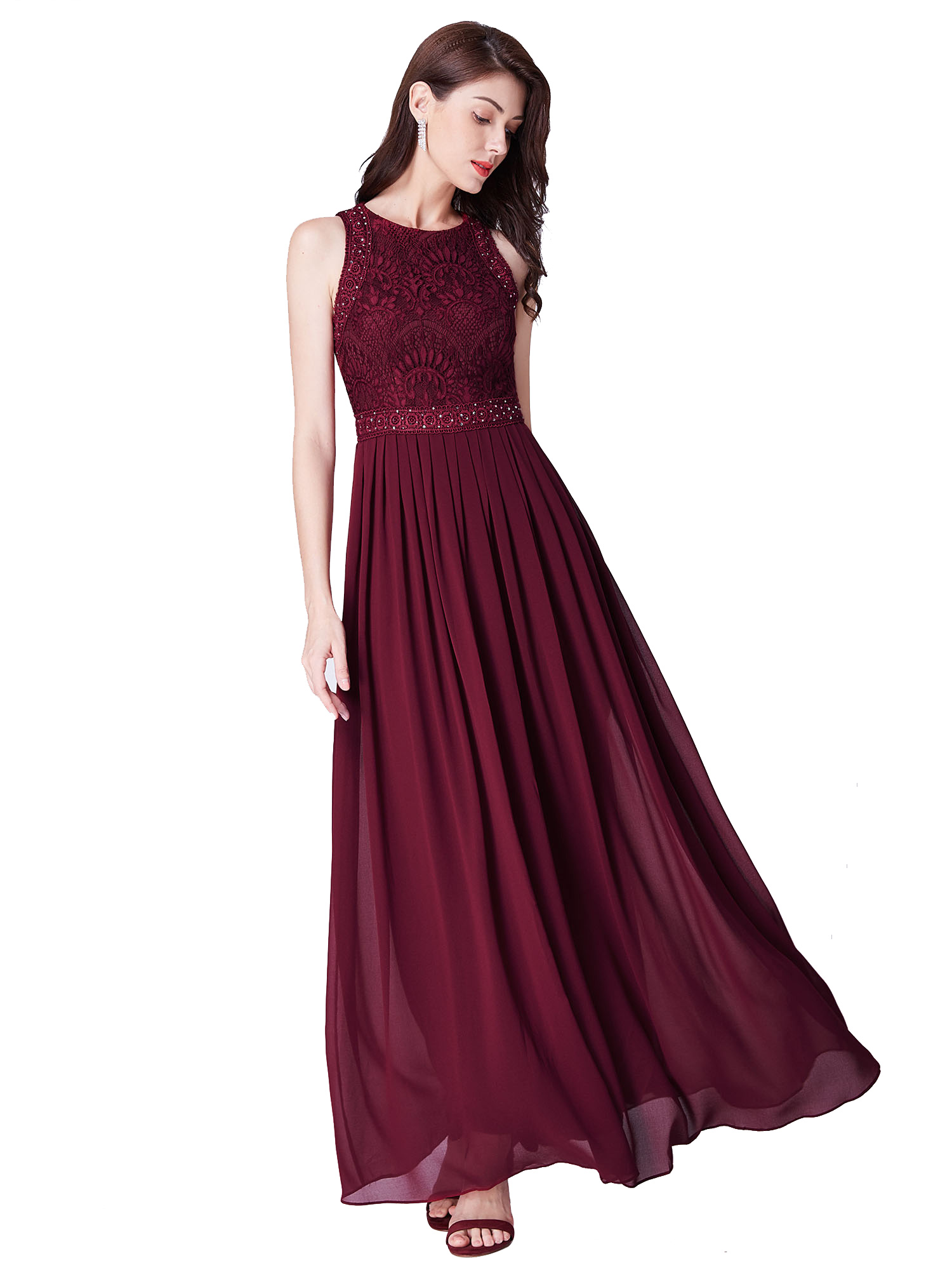EverPretty Burgundy A Line Long Pleated Prom Dress Lace Bodice