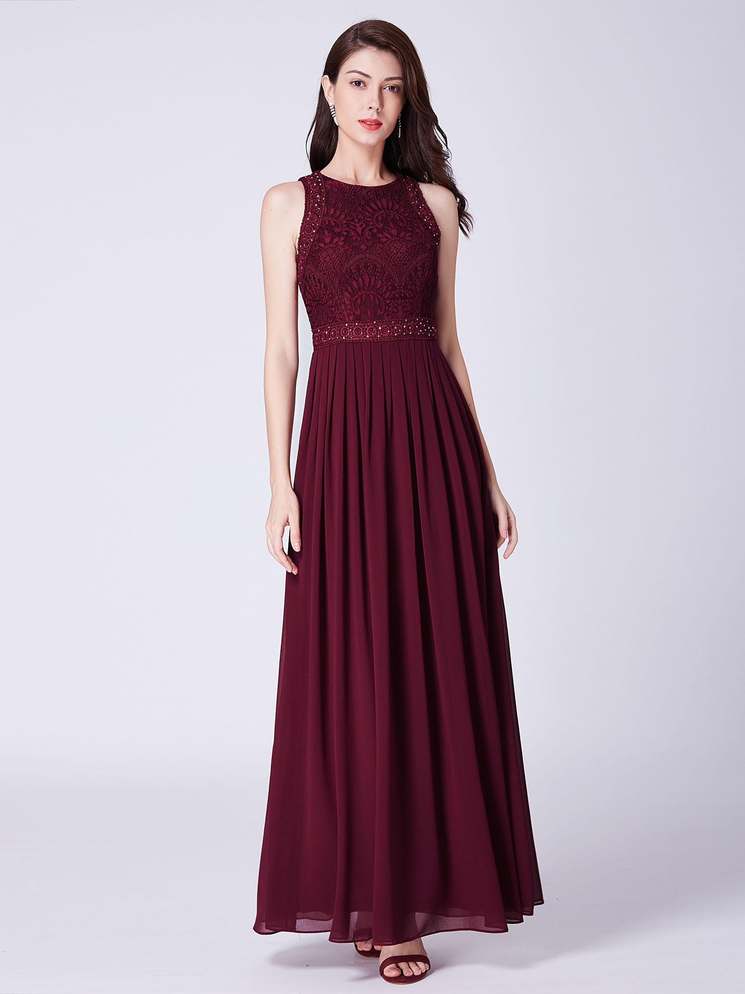 EverPretty Burgundy A Line Long Pleated Prom Dress Lace Bodice