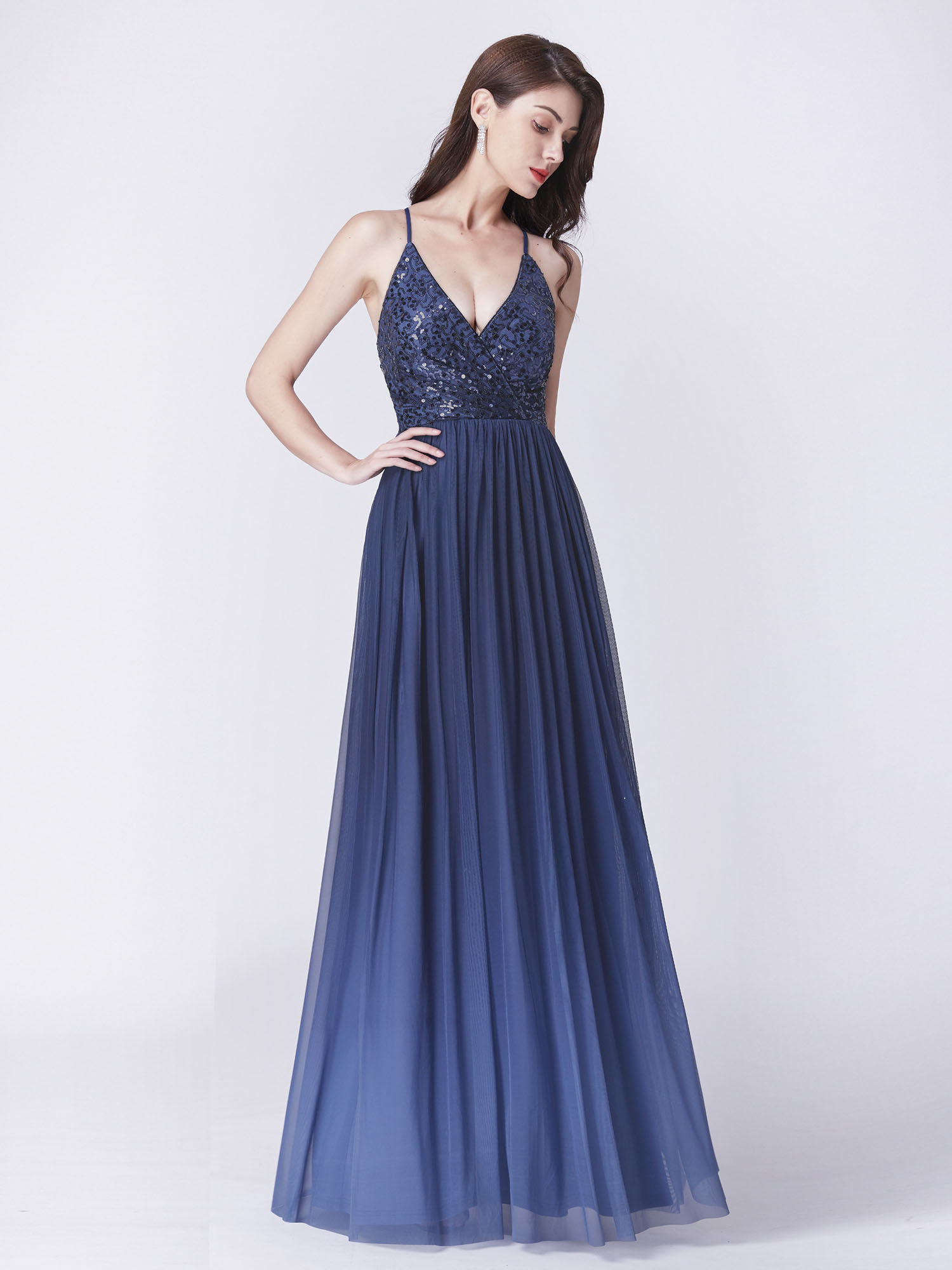 EverPretty VNeck Sequin Long Evening Prom Dresses Navy Blue Formal