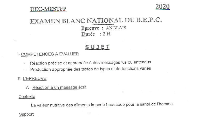 Sujet Et Corrige Bepc Blanc National 2020 Anglais 466_x_771_png