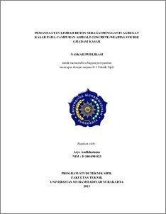 Pemanfaatan Limbah Beton Sebagai Pengganti Agregat Kasar Pada Campuran Asphalt Concrete-Wearing Course Gradasi Kasar - Ums Etd-Db