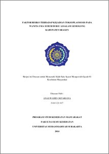 Faktor Risiko Terhadap Kejadian Toksoplasmosis Pada Wanita Usia Subur Di Rsu Assalam Gemolong Kabupaten Sragen - Ums Etd-Db