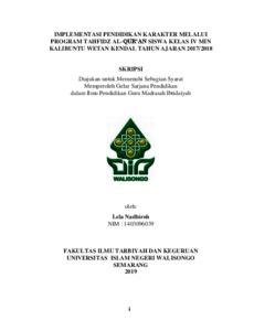 Implementasi Pendidikan Karakter Melalui Program Tahfidz Al-Qur'an Siswa Kelas Iv Min Kalibuntu Wetan Kendal Tahun Ajaran 2017/2018 - Walisongo Repository