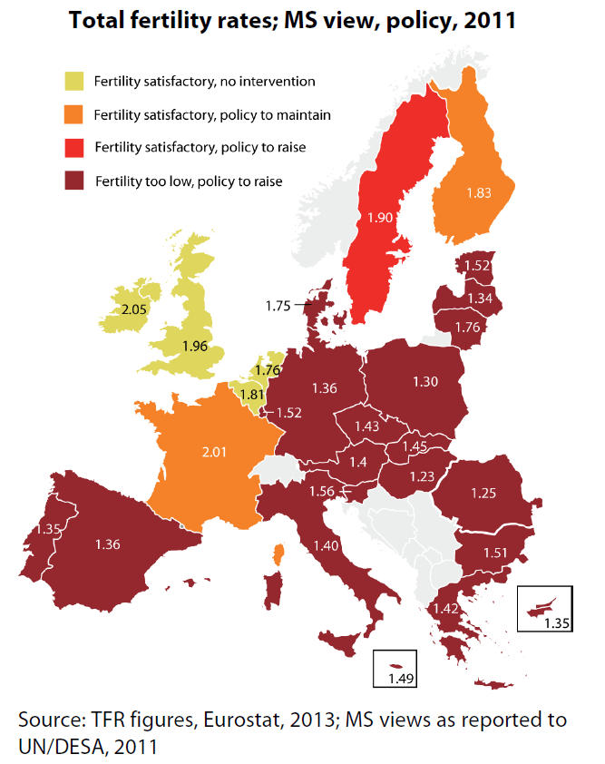Total fertility rates in EU 27 and MS policy approach, 2011