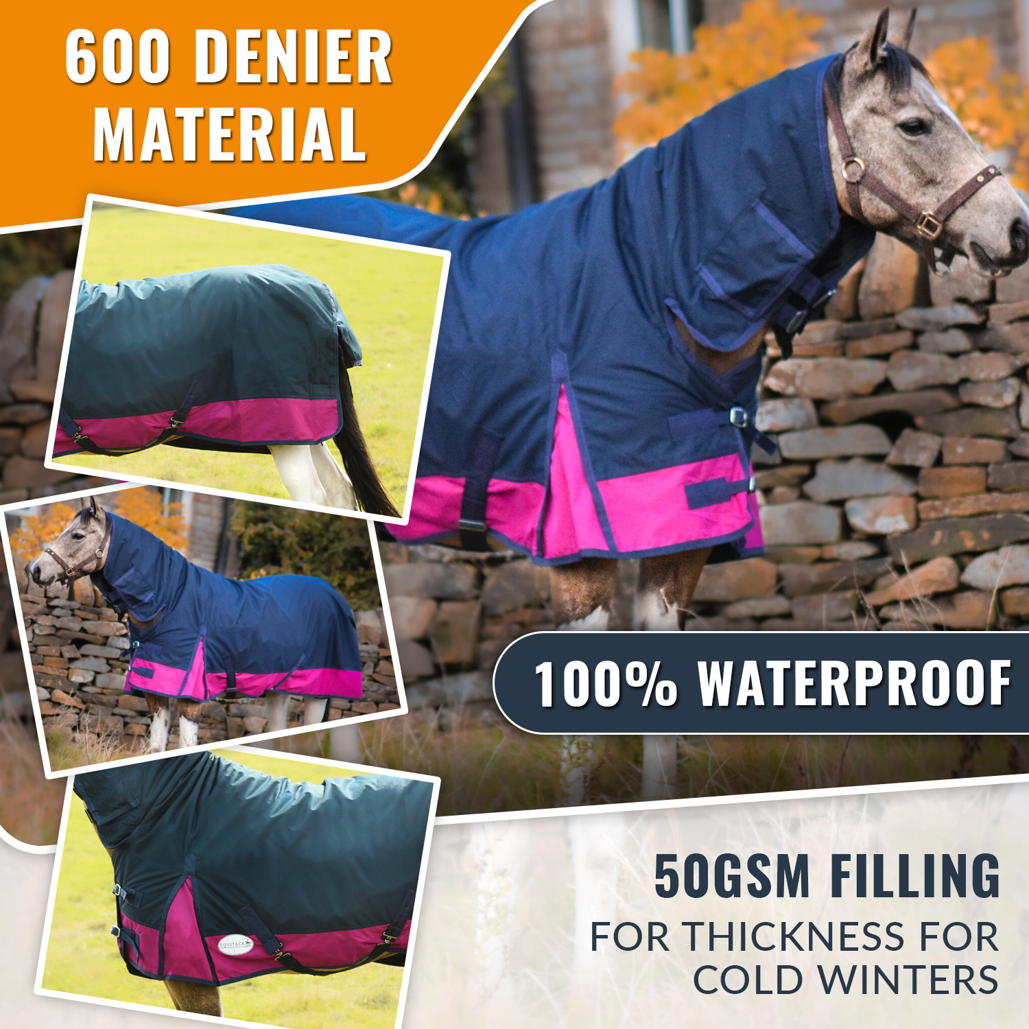 600D Mediumweight Winter Turnout Horse Rugs Combo Neck 50g Navy