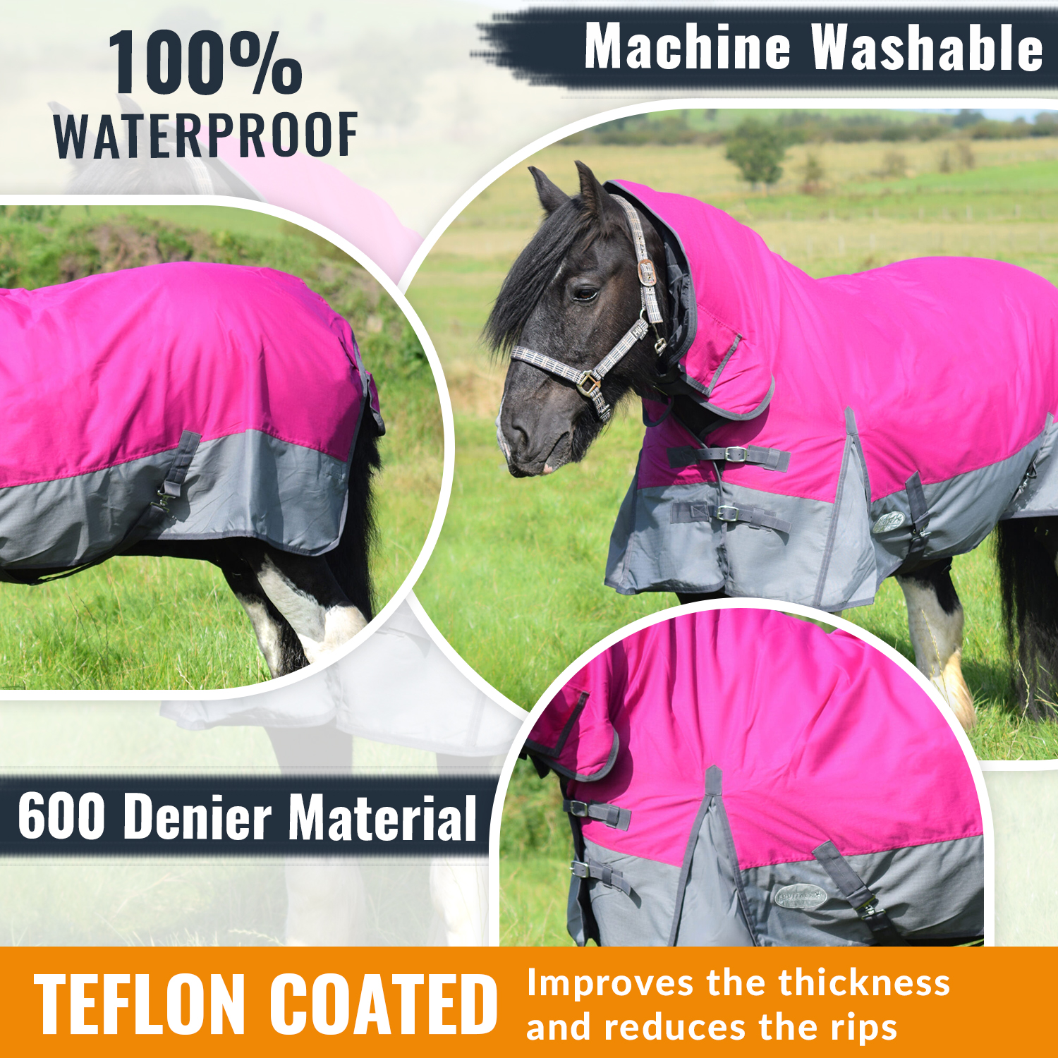 Lite Turnout 600 Denier Horse Rug Waterproof Combo Neck Raspberry/Grey 5'3 6'9 Equitack