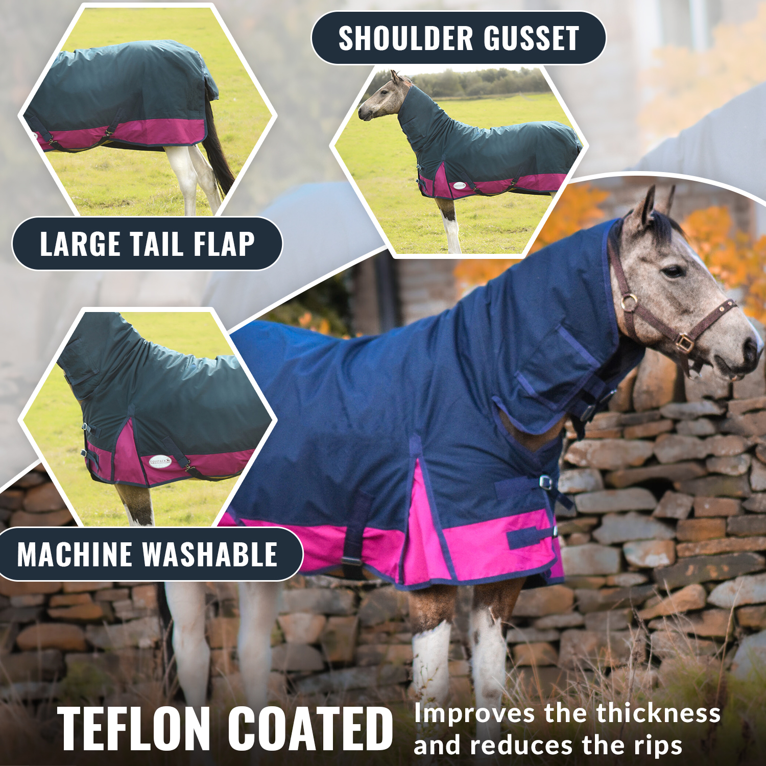 600D Mediumweight Winter Turnout Horse Rugs Combo Neck 50g Navy