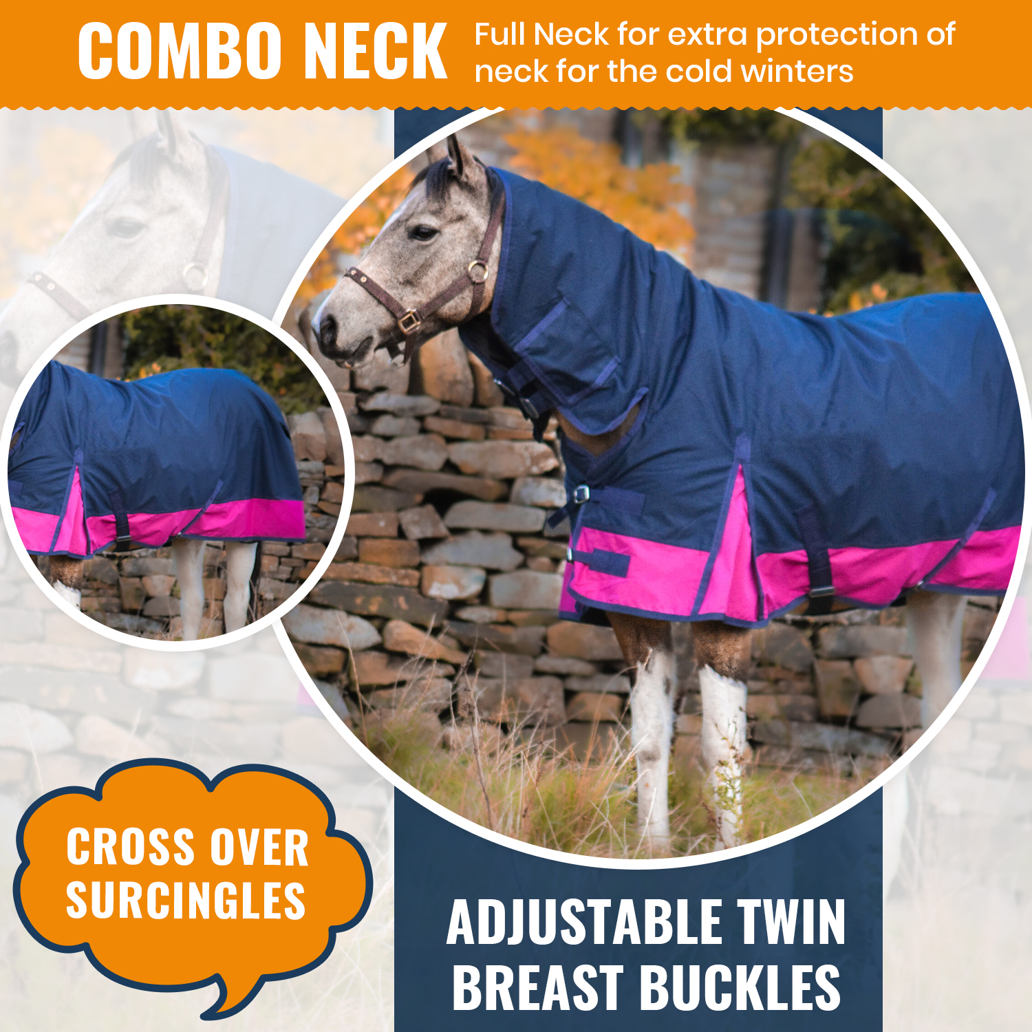 600D Mediumweight Winter Turnout Horse Rugs Combo Neck 50g Navy
