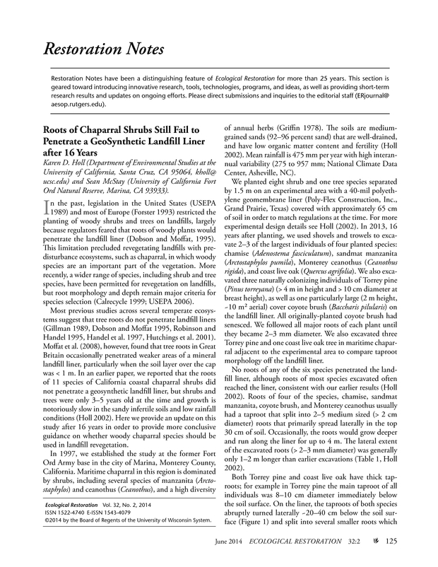 Roots of Chaparral Shrubs Still Fail to a GeoSynthetic