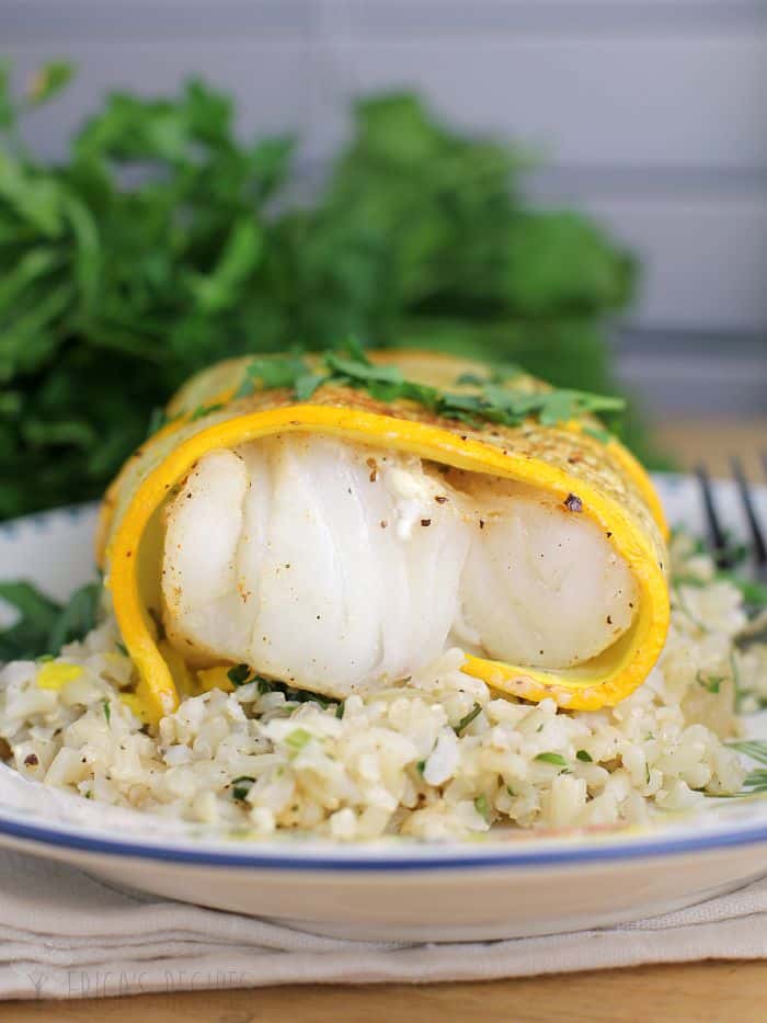 Golden Zucchini Wrapped Cod over Garlic Cilantro Rice · Erica's Recipes