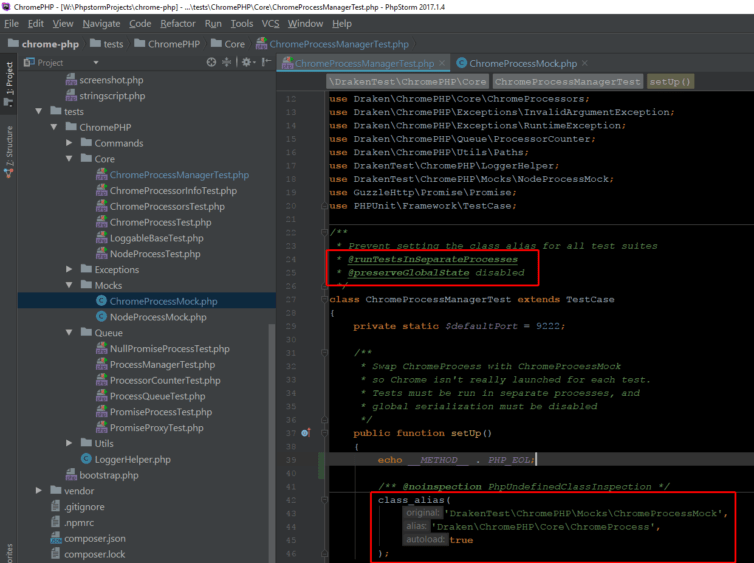PHPUnit Mock Hard Dependencies with Aliases