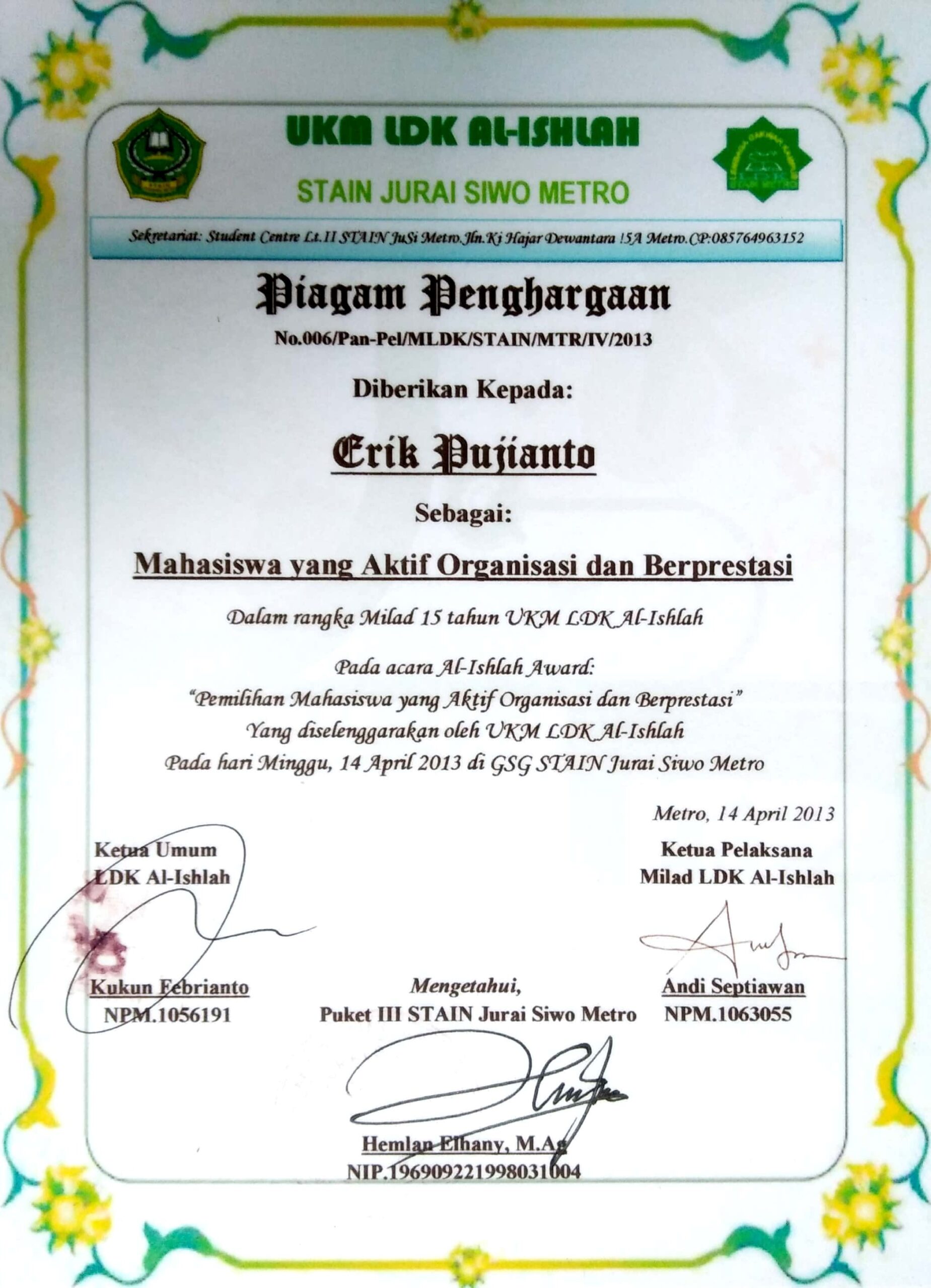 piagam dan sertifikat erik pujianto