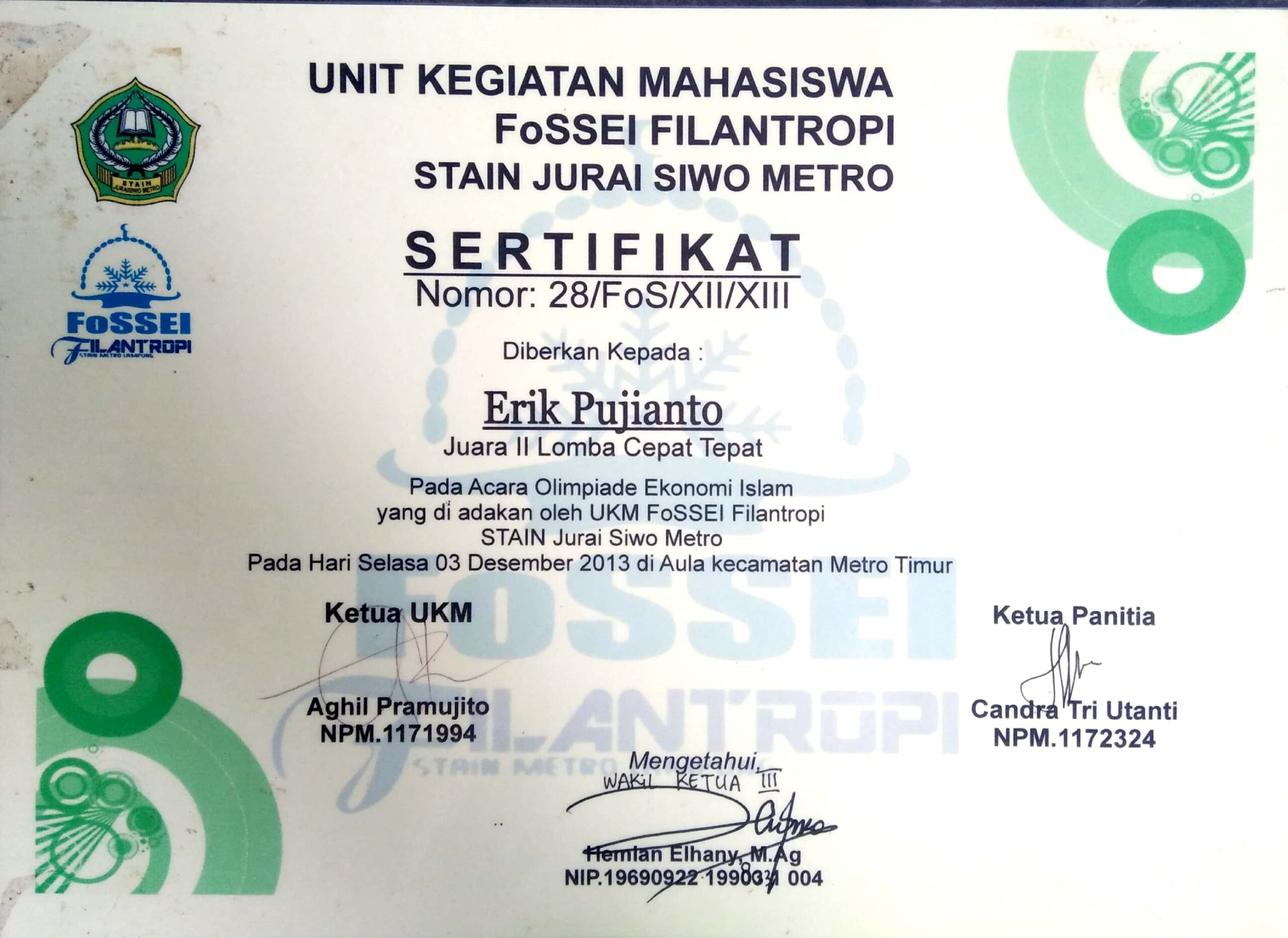 piagam dan sertifikat erik pujianto