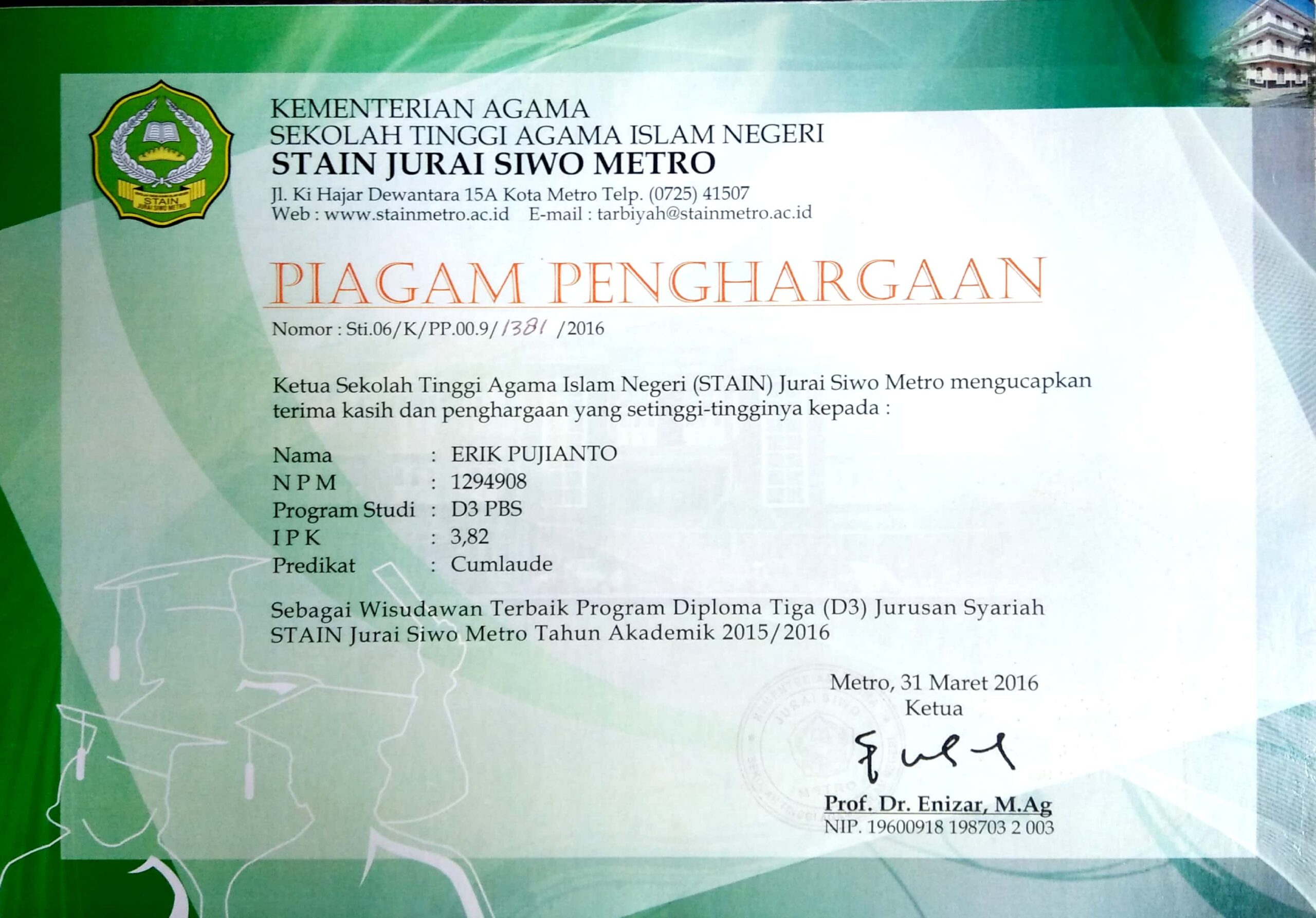 piagam dan sertifikat erik pujianto
