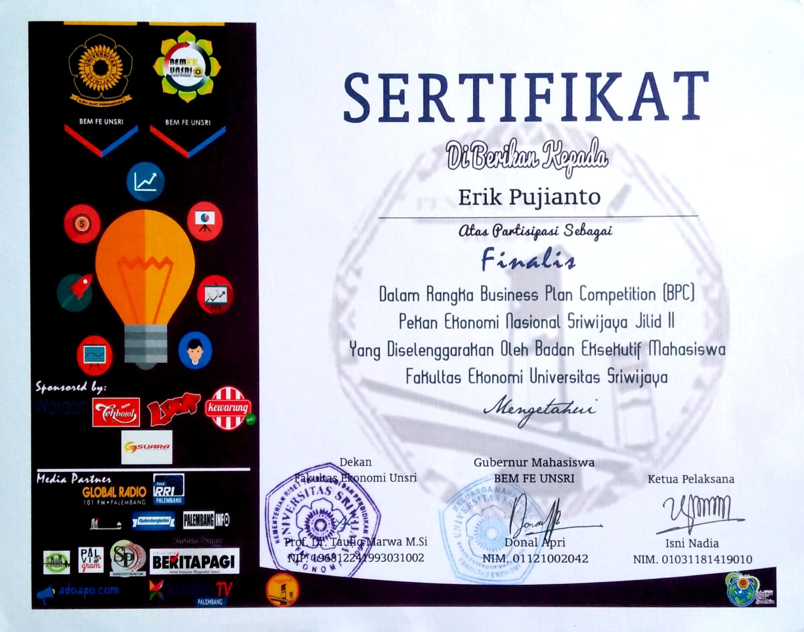 piagam dan sertifikat erik pujianto