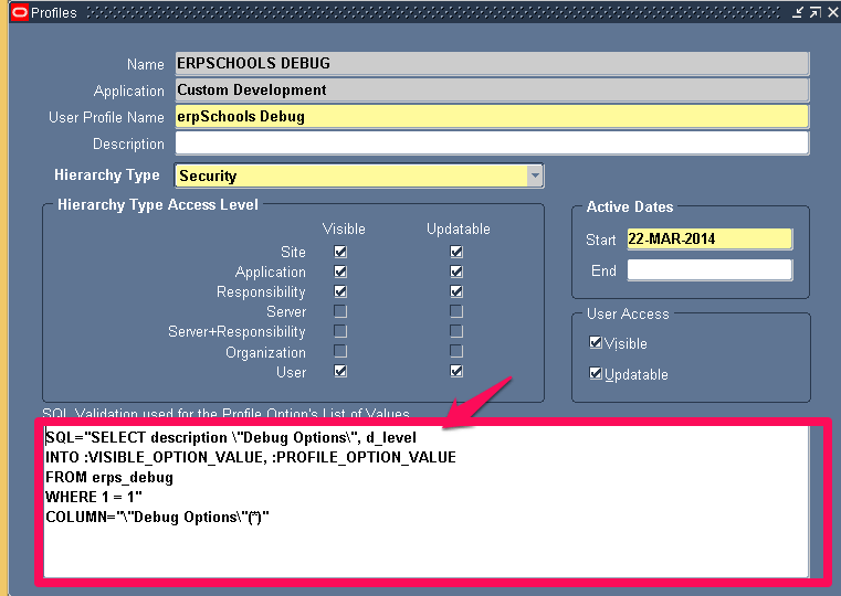 SQL Validation used for profile options List of Values erpSchools