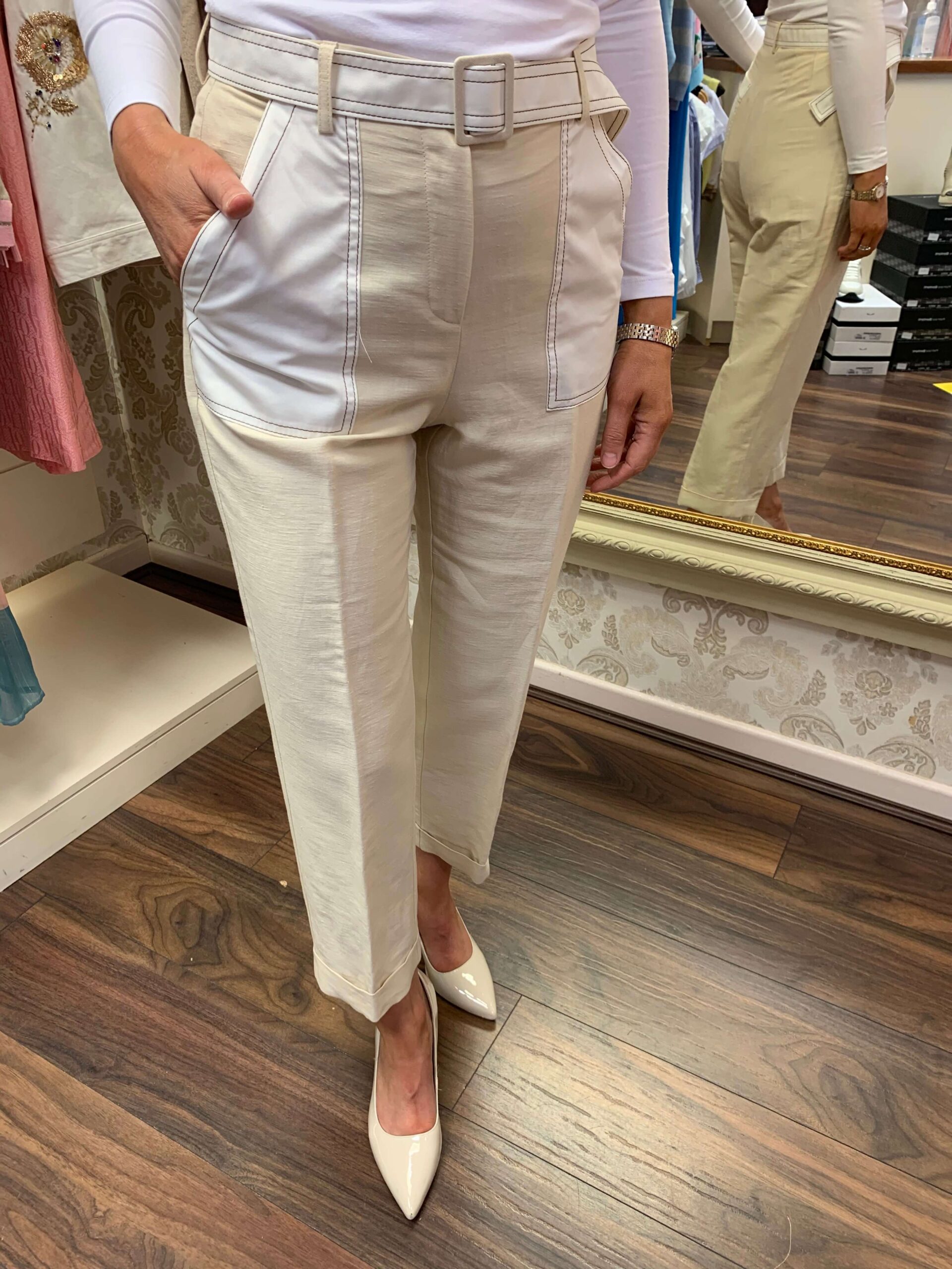 Sfizio Beige Linen Mix and White Cotton Trim Trousers with Belt Erre
