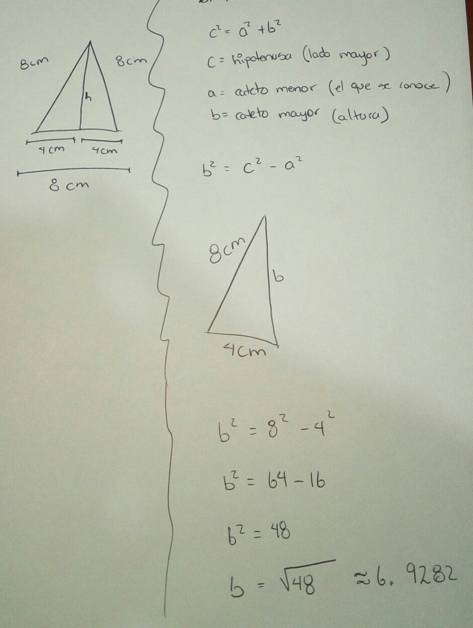 calcula la altura de un triangulo equilatero que mide 8cm de lado
