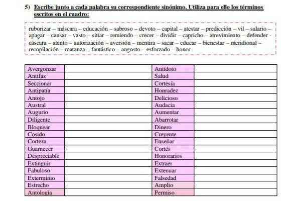 escribe junto a cada palabra su correspondiente sinónimo. utiliza para