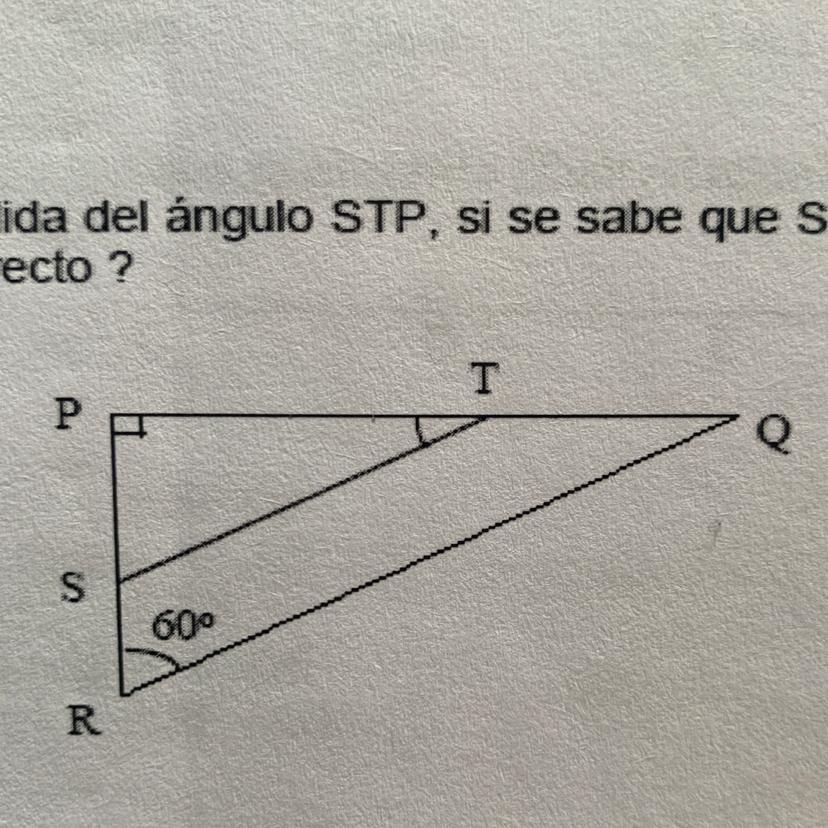 ¿Cuál es la medida del ángulo STP, si se sabe que ST es paralela a RQ y que el ángulo RPQ es