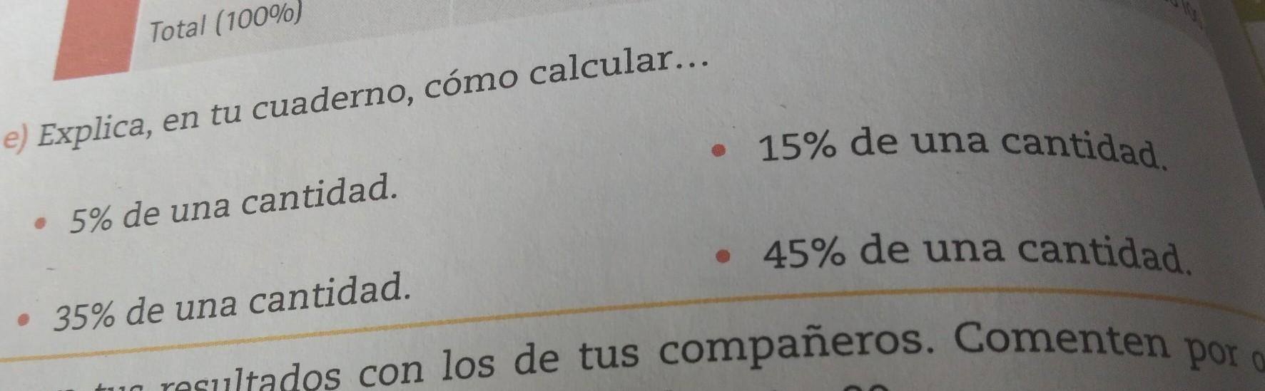 Explica, en tu cuaderno, cómo calcular... • 5 de una cantidad. • 15 de una cantidad. • 35 de