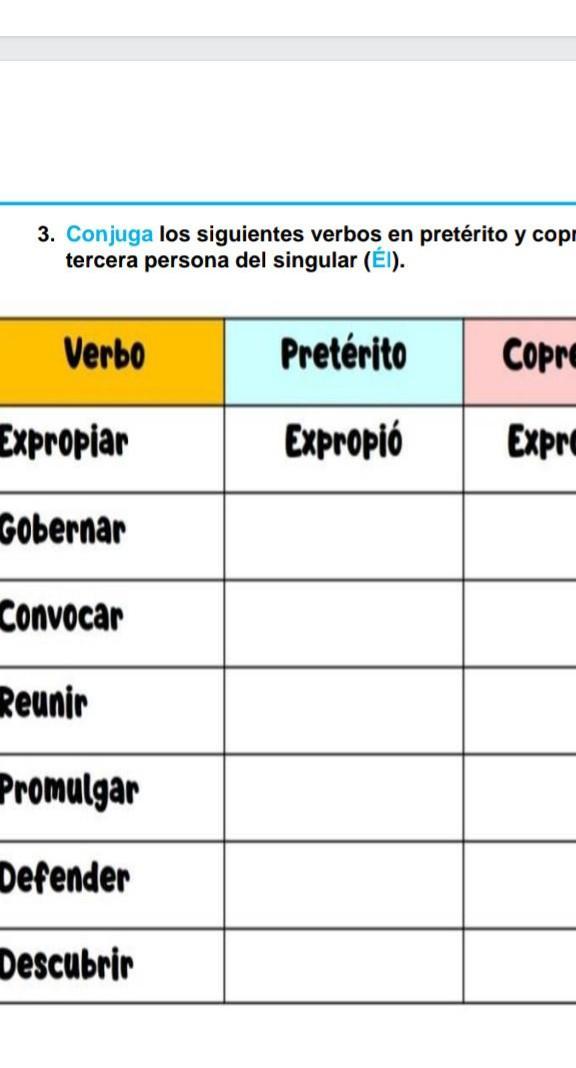 Conjuga los siguientes verbos en pretérito y copretérito, en tercera