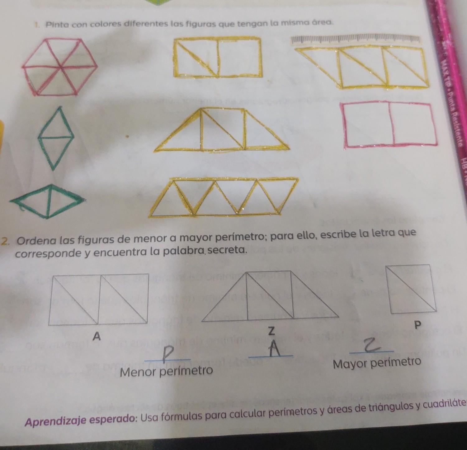 Pinta con colores diferentes las figuras que tengan la misma área