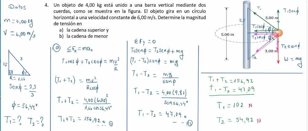 Un objeto de 4.00 kg se une a una barra vertical mediante dos cuerdas
