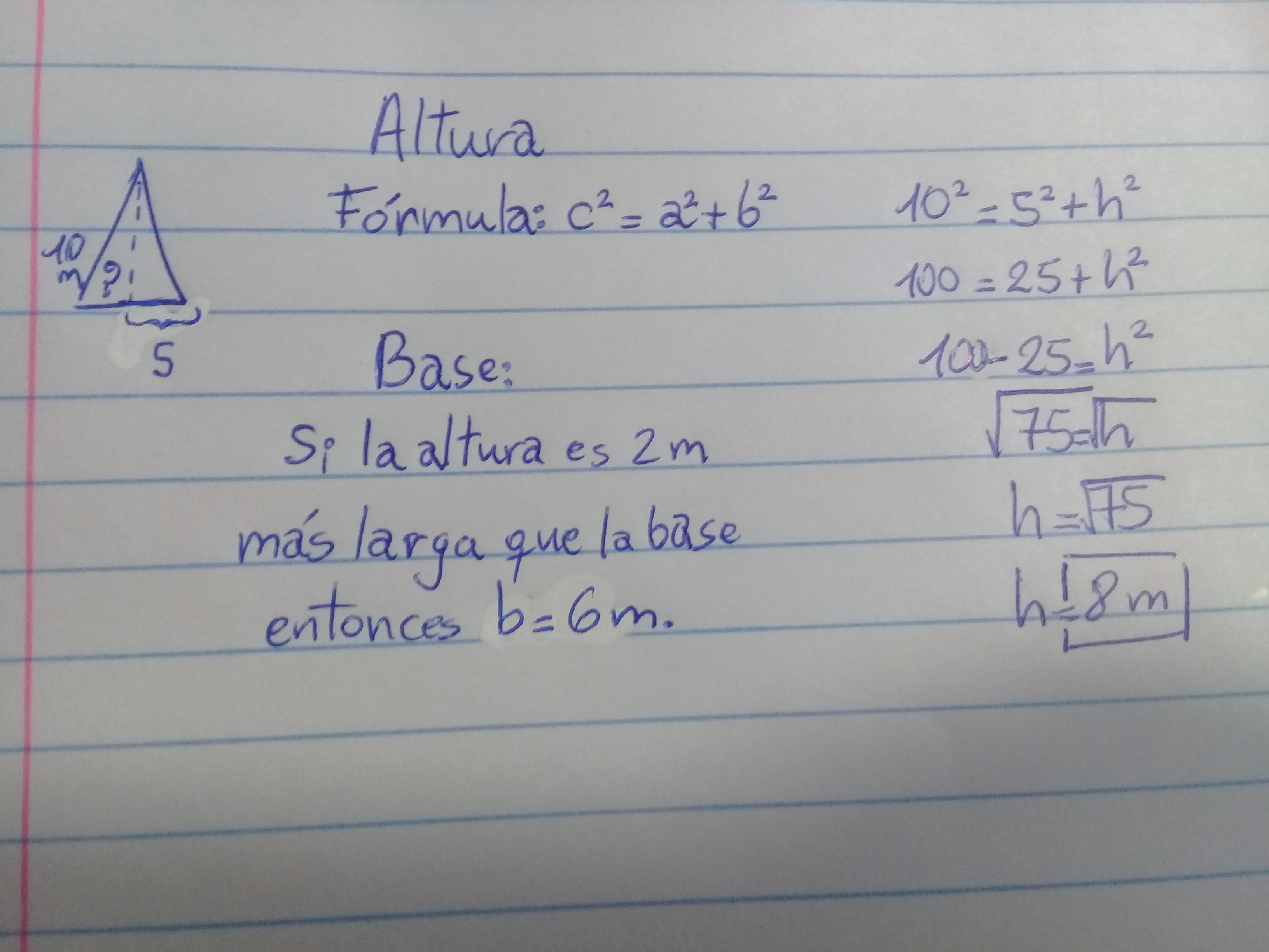 calcular la altura y la base de un triangulo isosceles