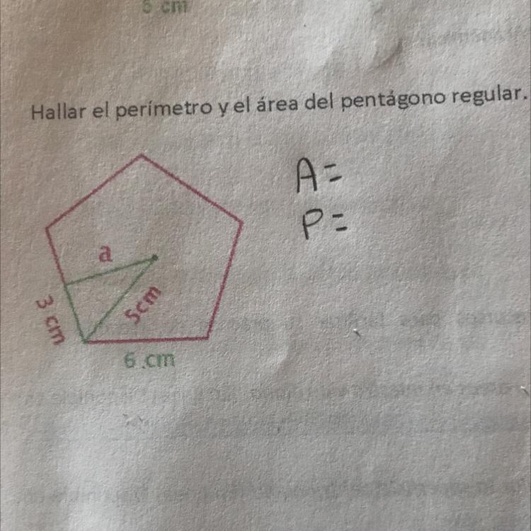 Hallar el perímetro y el área del pentágono regular. 5 cm