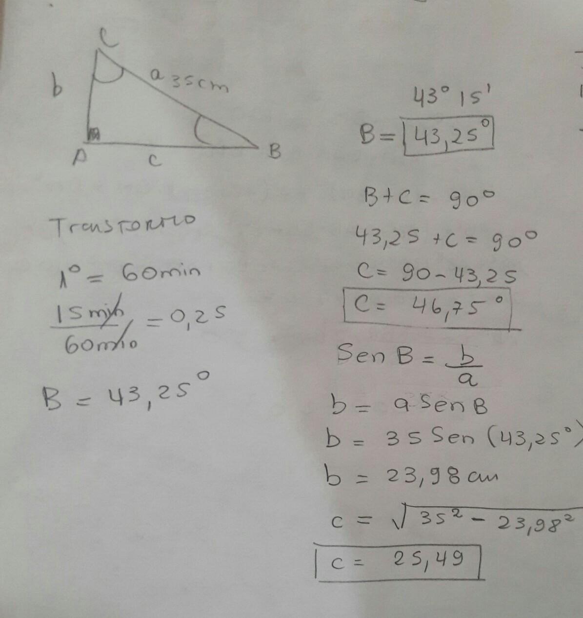 La hipotenusa de un triangulo rectángulo mide 35 CM y el ángulo agudo B