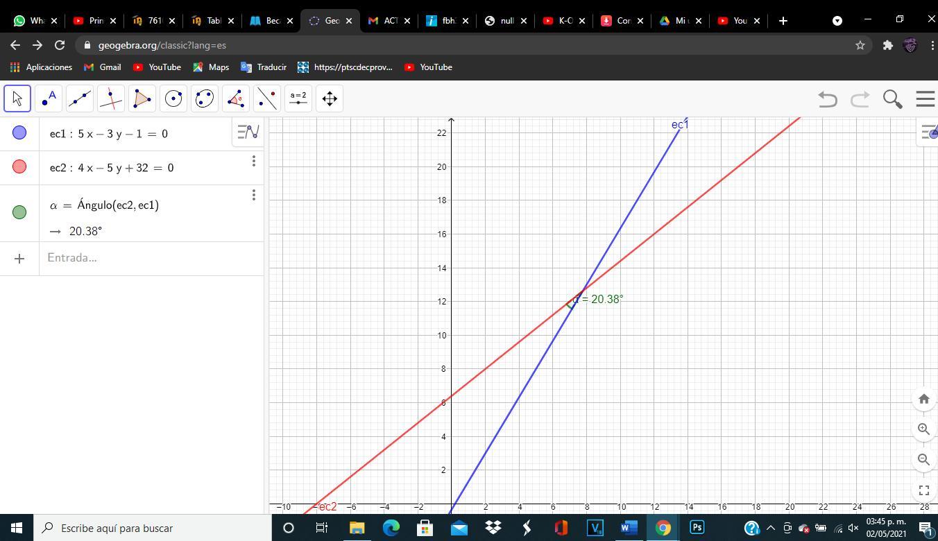 3. Encuentra el ángulo que se forma entre las rectas 5x3y