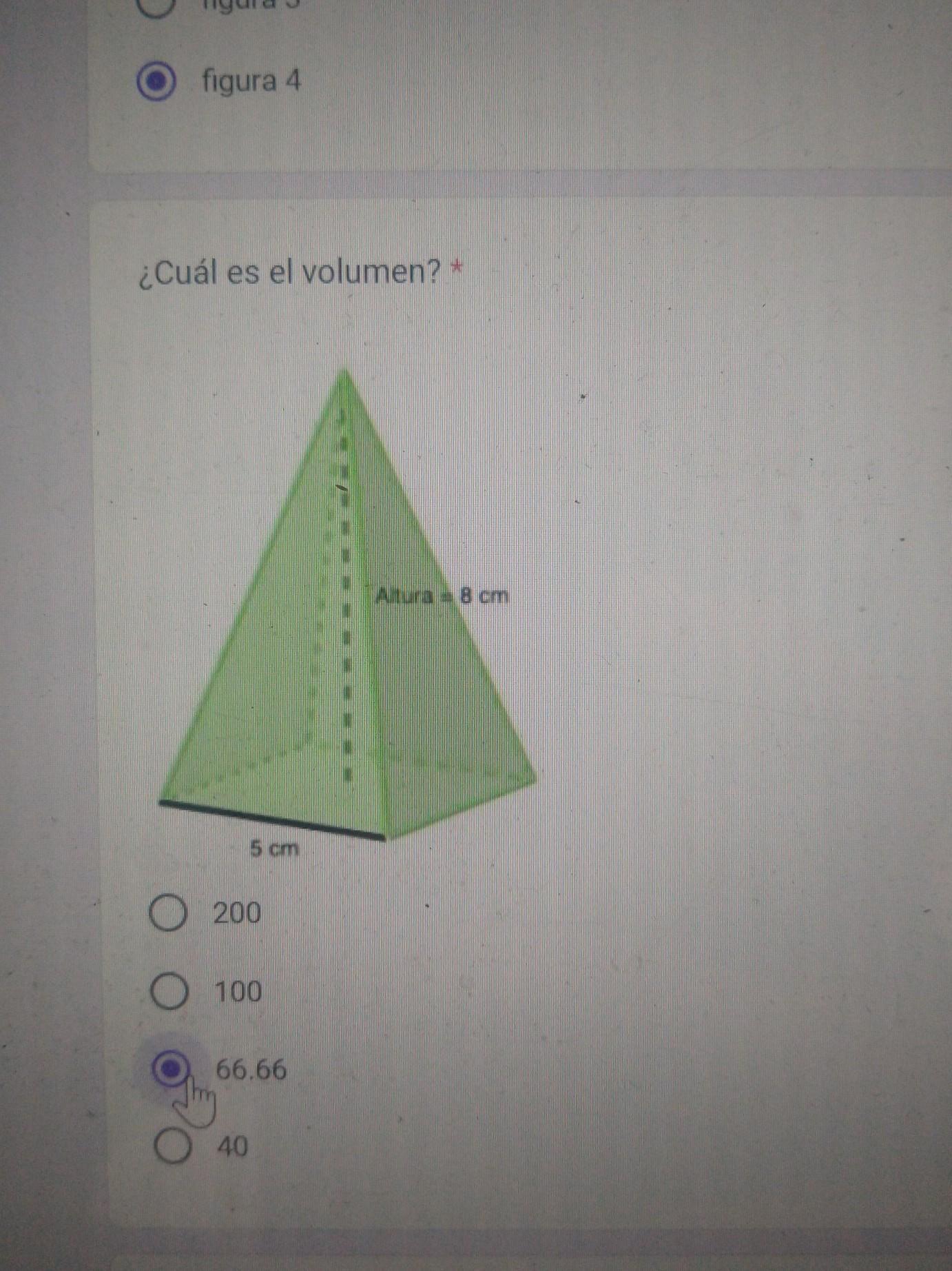 calcula el volumen de una pirámide cuadrangular de 5 cm de lado de la