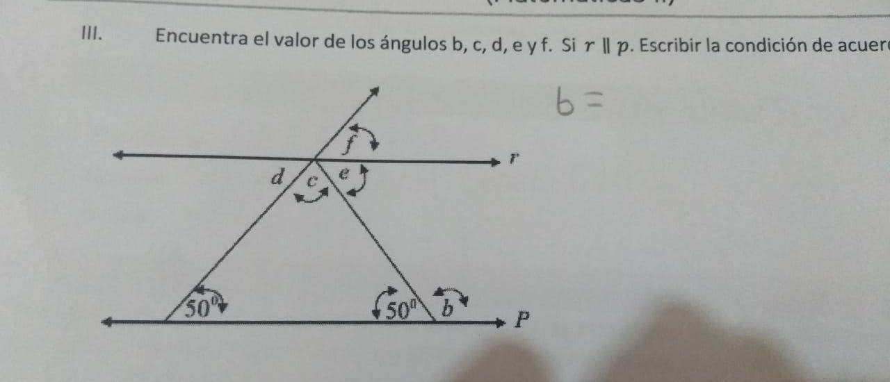 Encuentra el valor de los ángulos b, c, d, e y f. Si r∥p