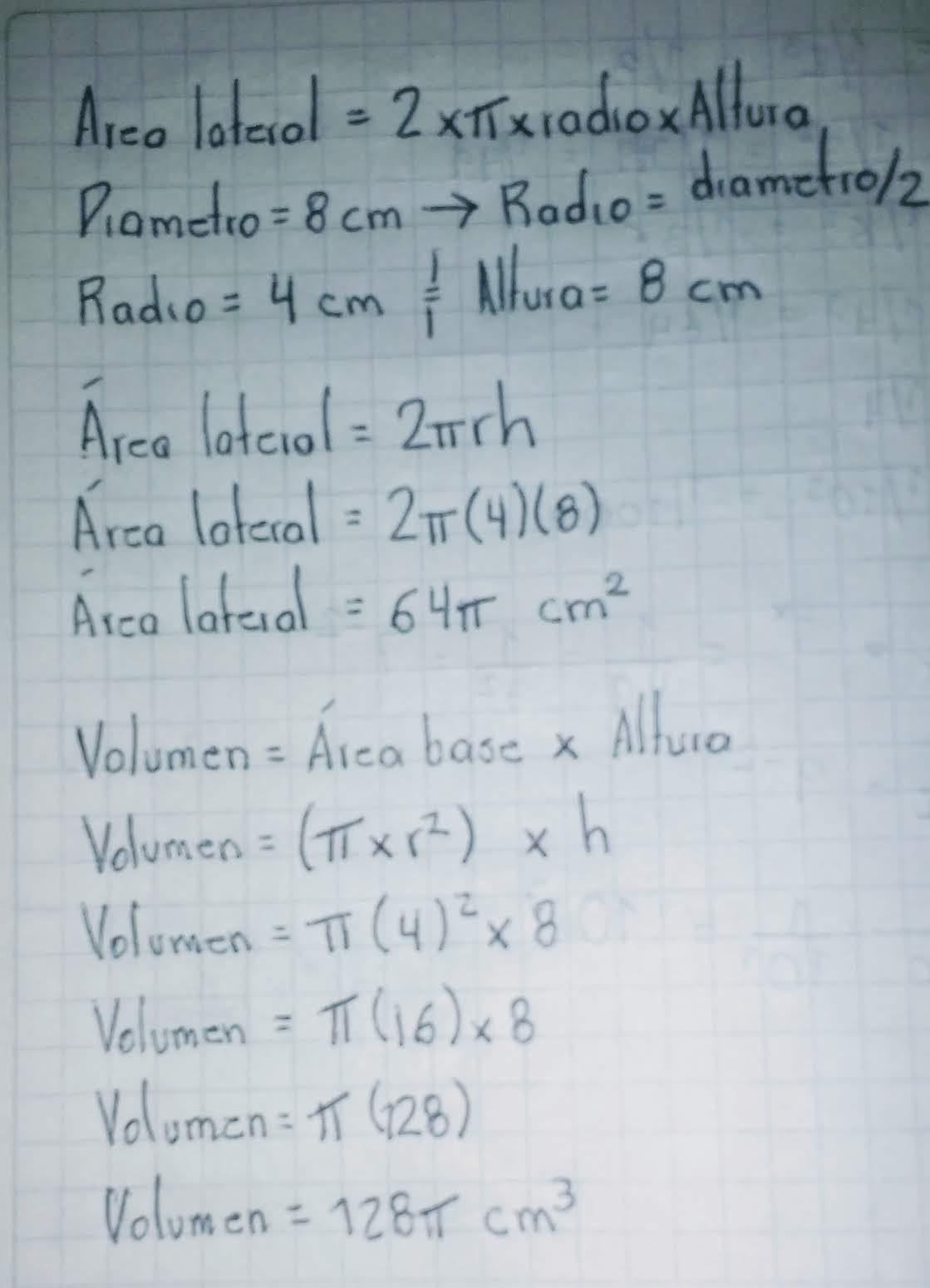 cual es el área lateral y volumen de un cilindro de