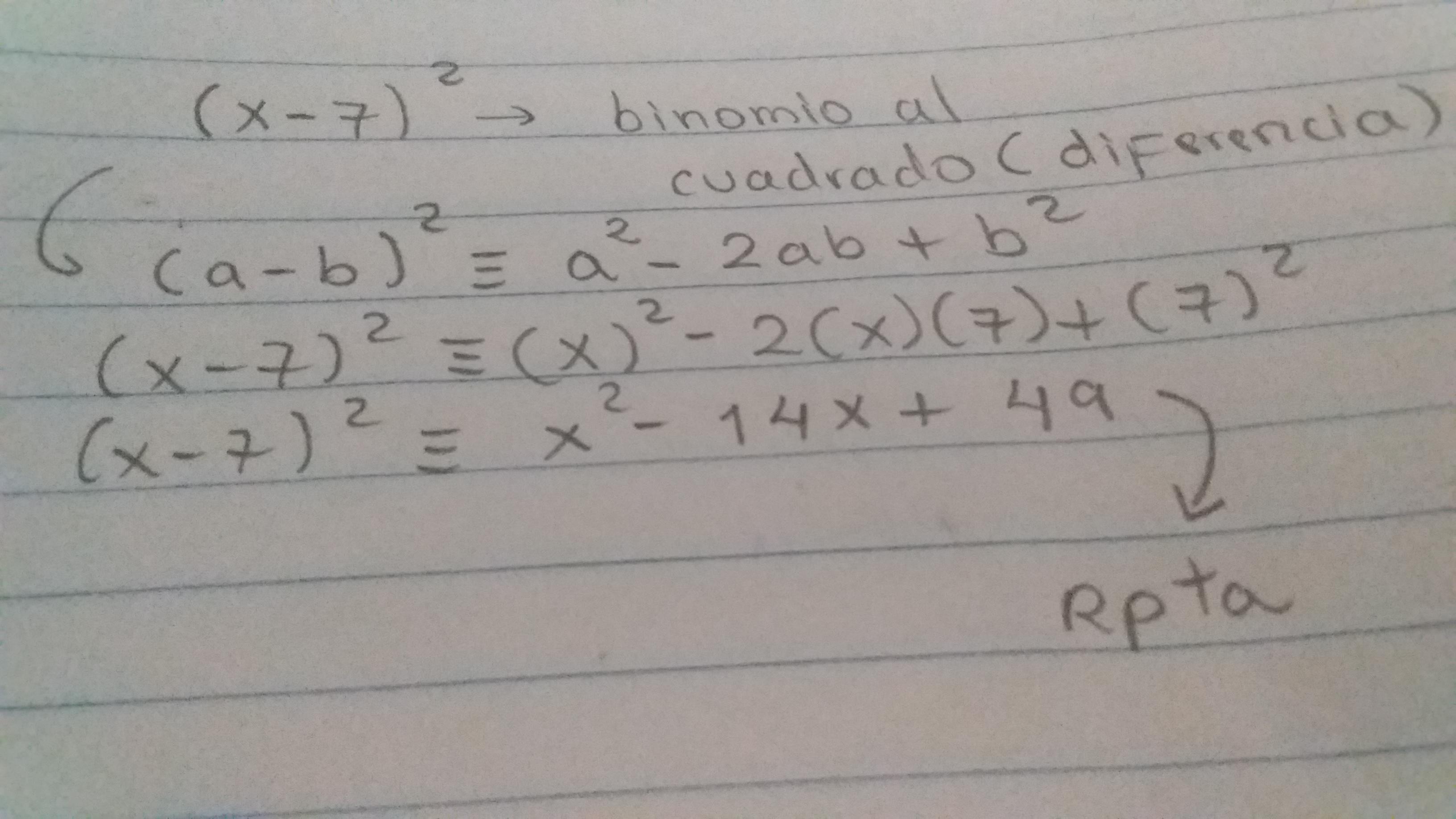 Resuelve los siguientes productos notables (x7)2