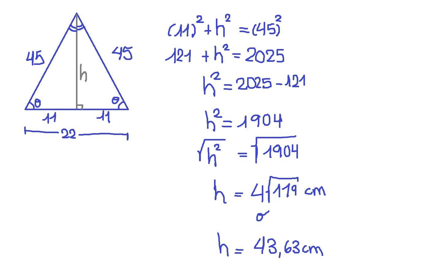 En un triangulo isosceles los lados iguales miden 45 cm