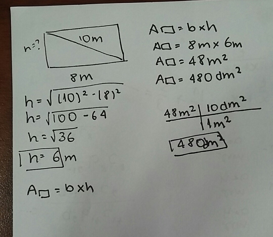 La diagonal de un rectangulo mide 10m y la base 8m