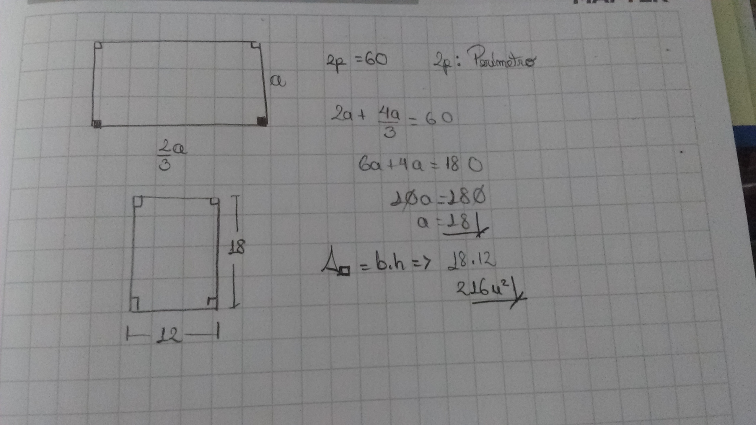 El perímetro de un rectángulo es de 60m. Sabiendo que la base mide 2/3 de la longitud de su