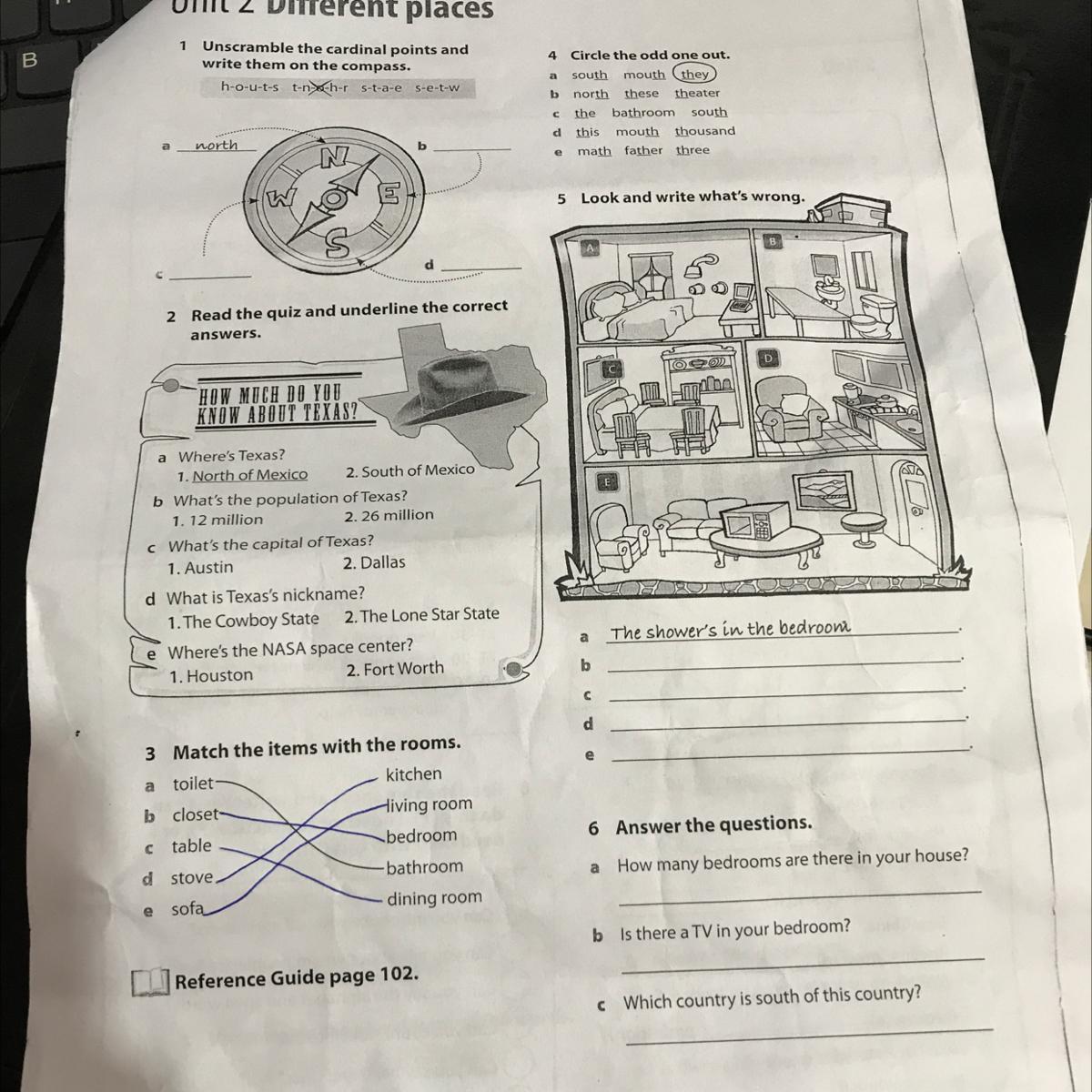 ifferent places 1 Unscramble the cardinal points and write them on the