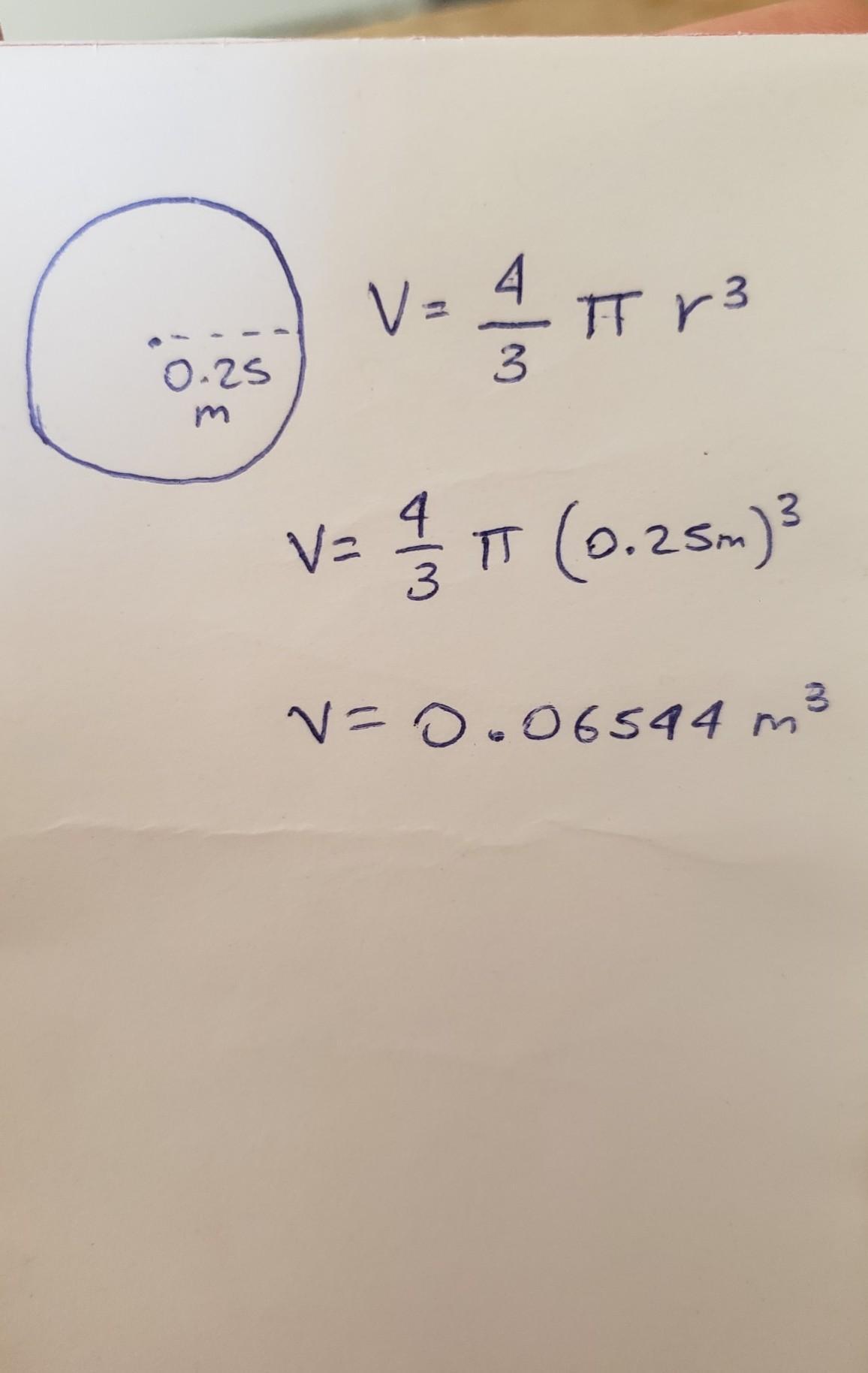 Cuál es el volumen de una esfera de radio 0,25 m