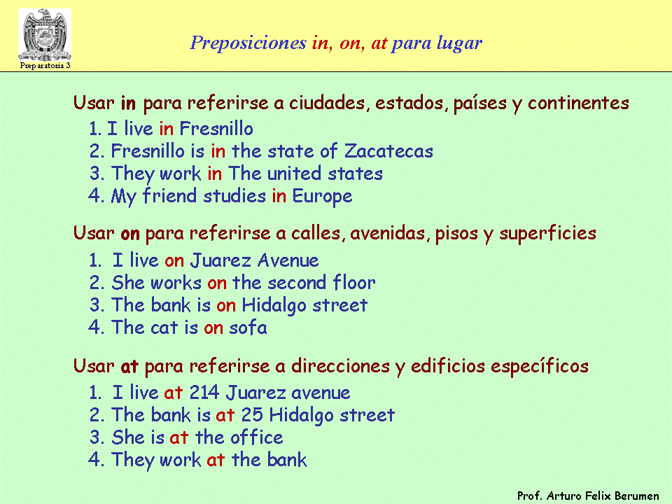 7 oraciones utilizando preposiciones in on at between in front of