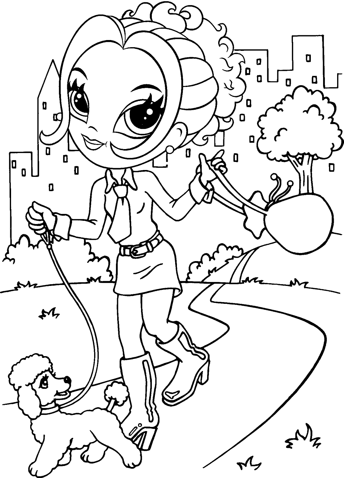 Dibujo para colorear La muchacha está paseando a su mascota Dibujo para colorear La muchacha está paseando a su mascota