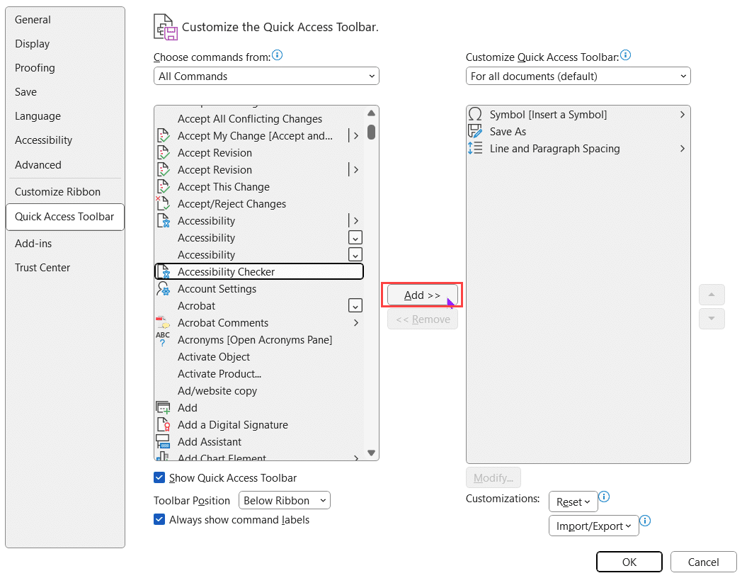 Add Word's Accessibility Checker to your Quick Access Toolbar