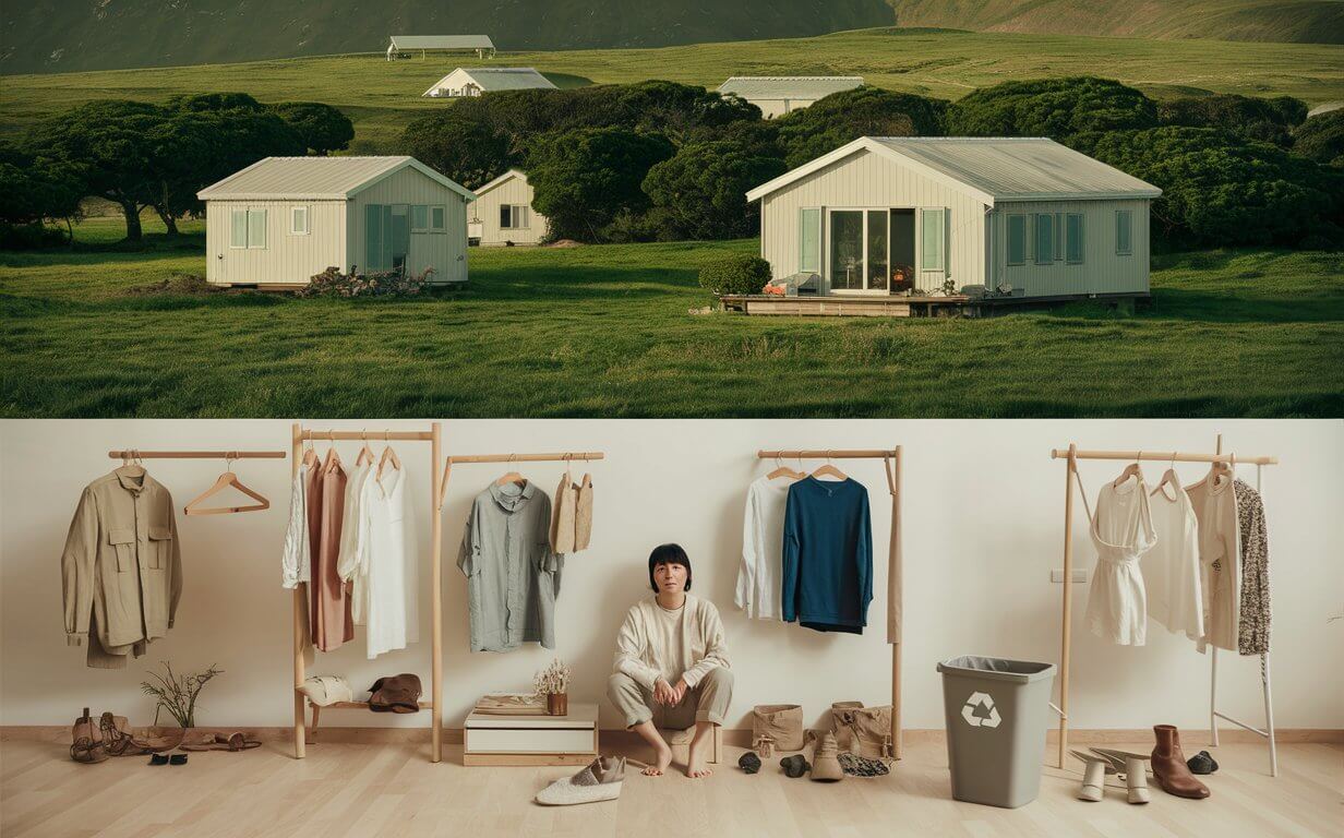 A powerful image of a peaceful, verdant landscape with a few simple, eco-friendly homes scattered around. In the foreground, aperson sits among their carefully curated possessions, with a minimalist wardrobe and a recycling bin nearby.