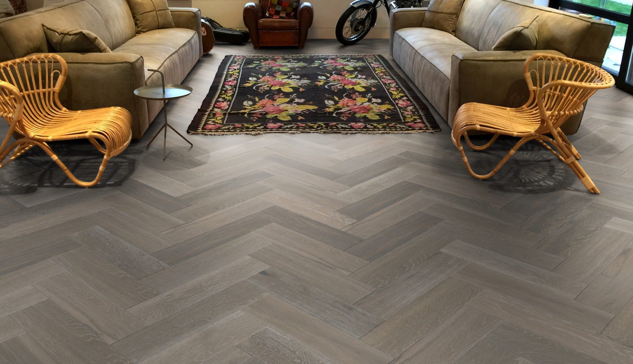 Oak Herringbone 15/4x120x600mm, Brushed, Grey, UV Oiled, Nature Grade