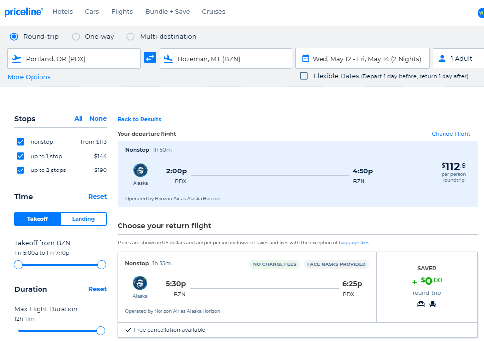 Nonstop Flights Portland to/from Bozeman 113 r/t [FebDec] Alaska