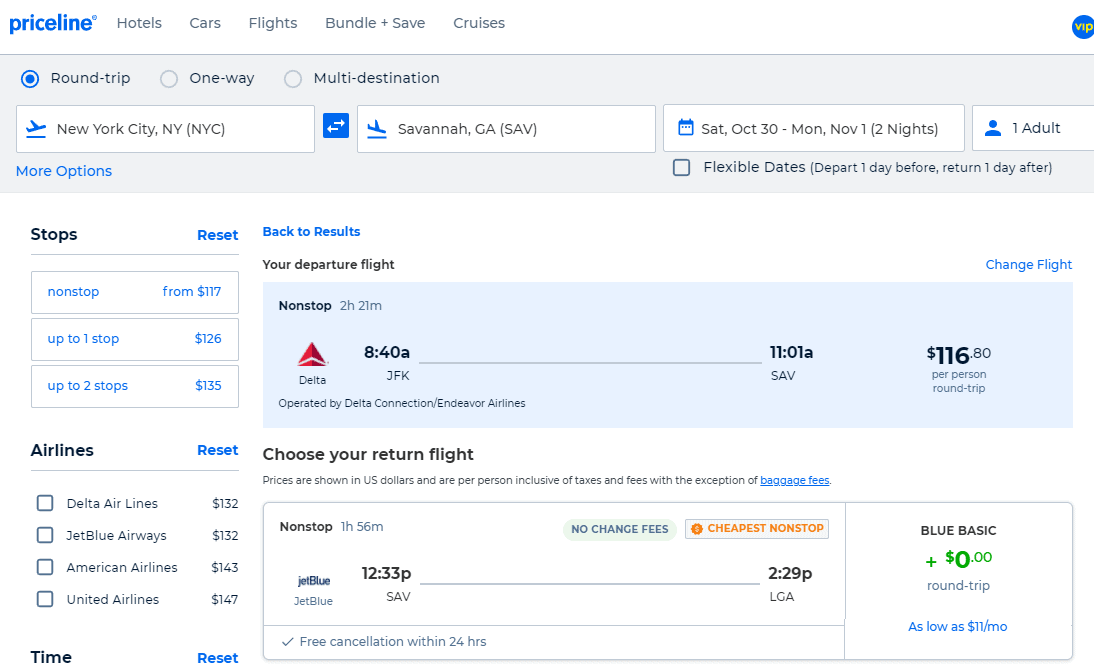 Nonstop Flights New York to/from Savannah, 117123 r/t [OctoberFebruary] Delta