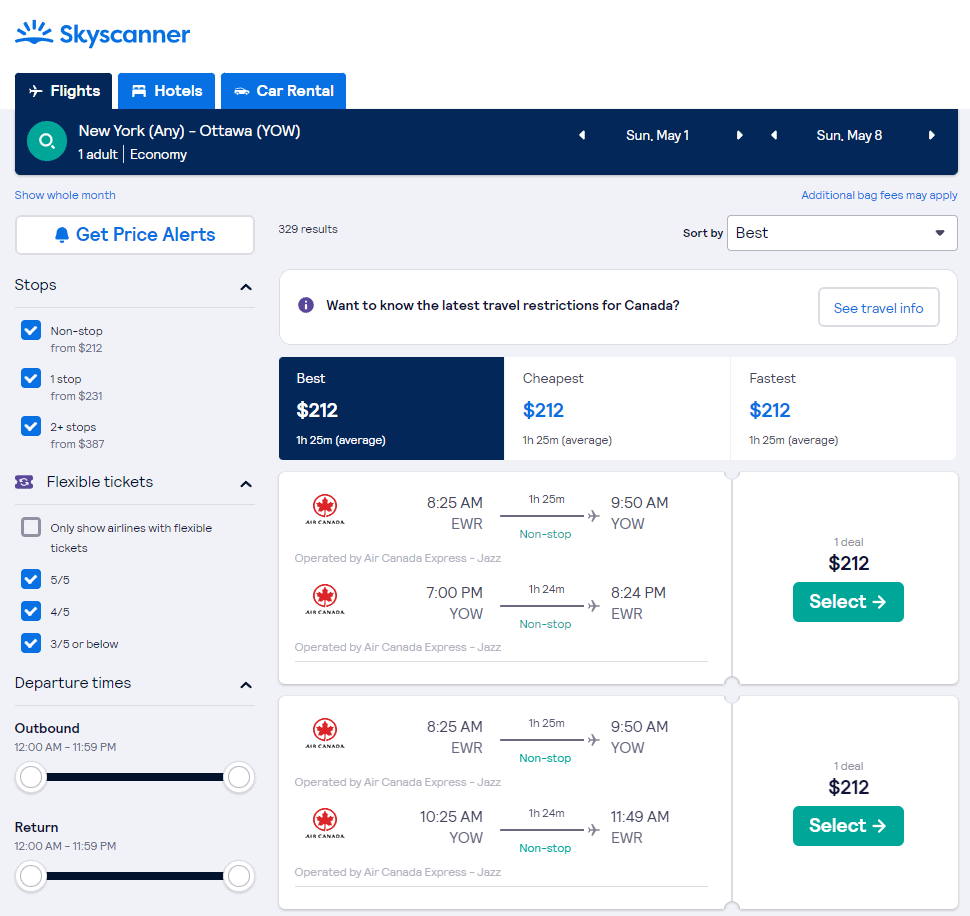 Nonstop Flights Newark/New York to/from Ottawa 212219 r/t [MayJune